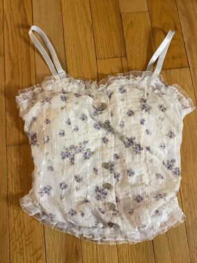 Floral Lace-Trim Camisole Tank Top - White with Lavender Flowers